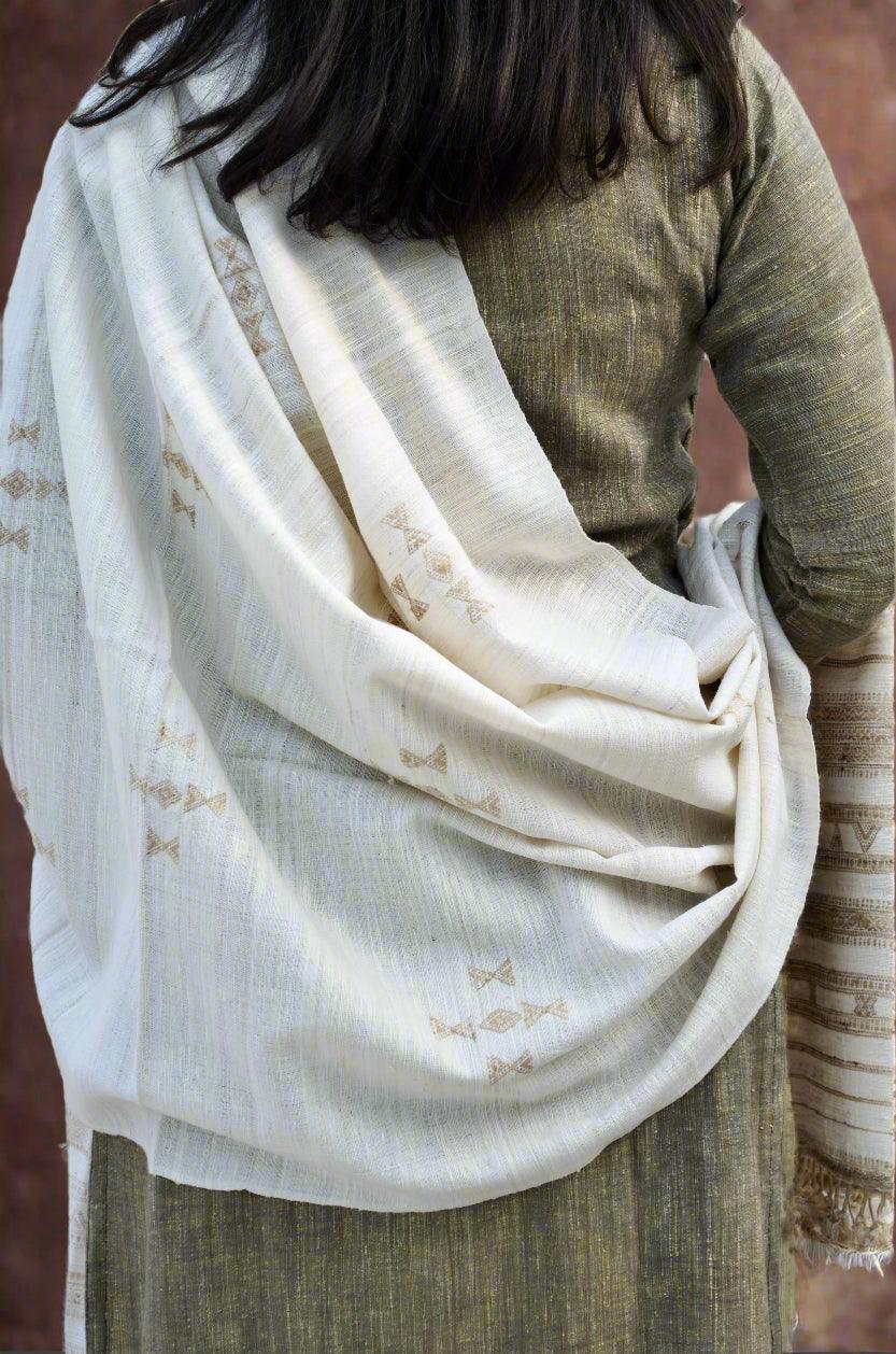 Elegant pure merino wool tasar silk shawl draped over a traditional outfit for a sophisticated look