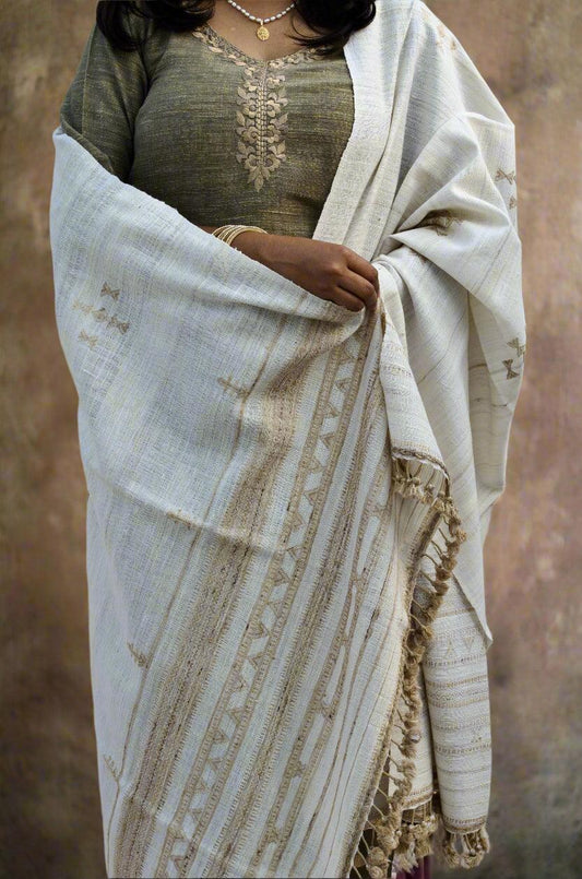 Elegant pure merino wool tasar silk shawl styled with a traditional outfit for a sophisticated look