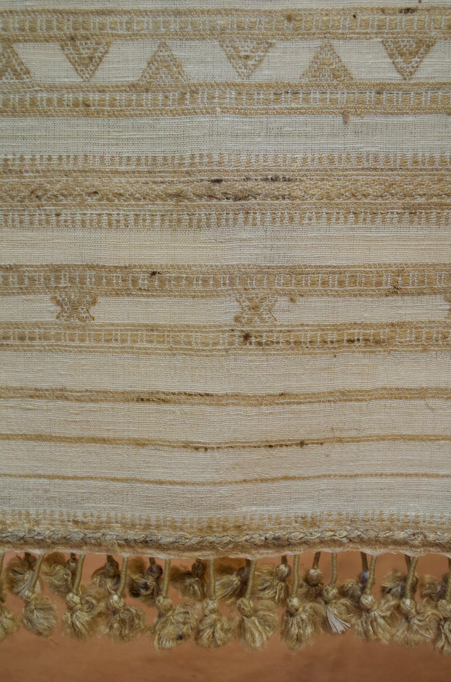 Elegant pure merino wool tasar silk shawl with intricate patterns and tasseled edges