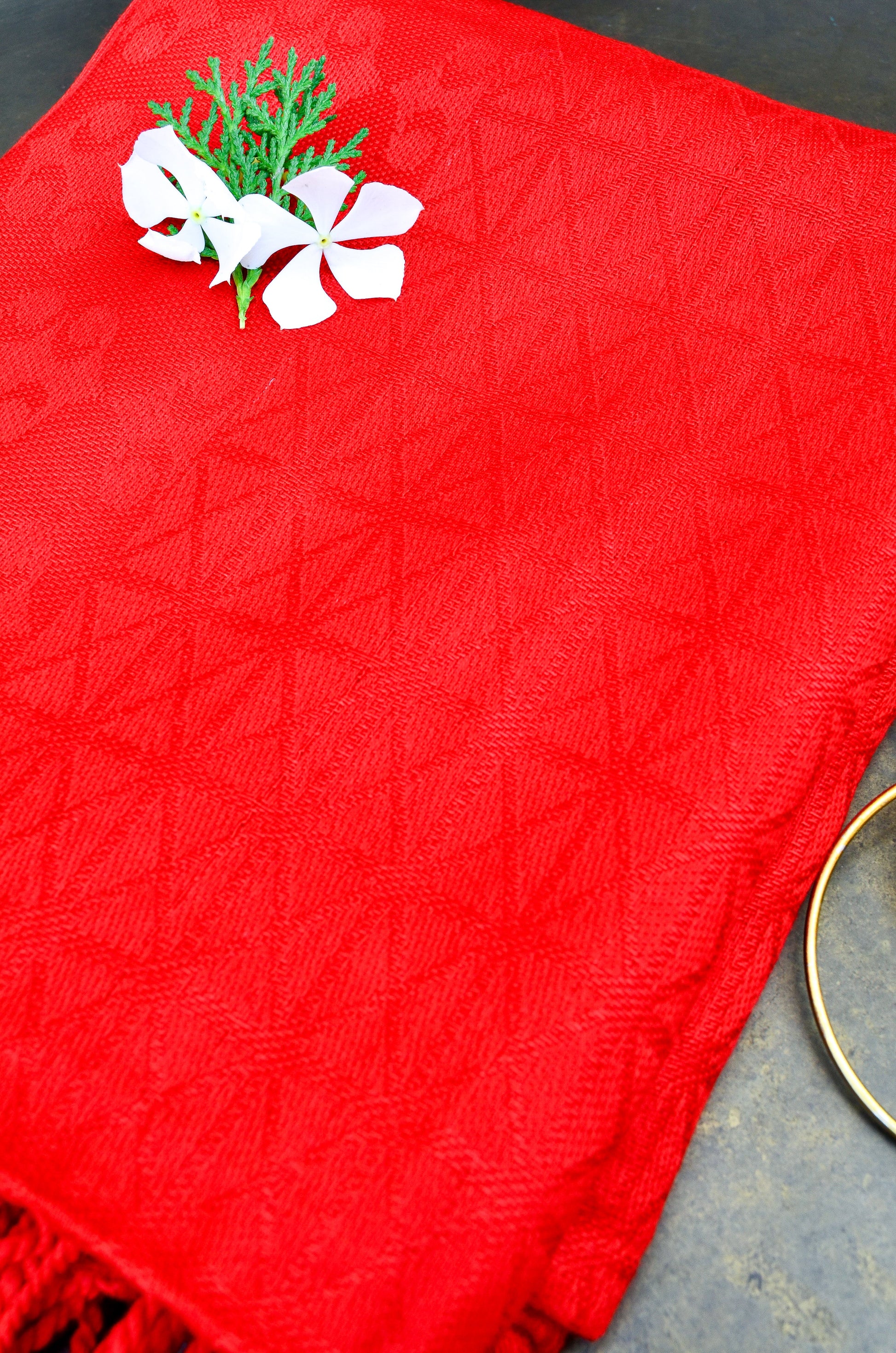 Vibrant red jacquard stole for women with elegant texture and floral accents