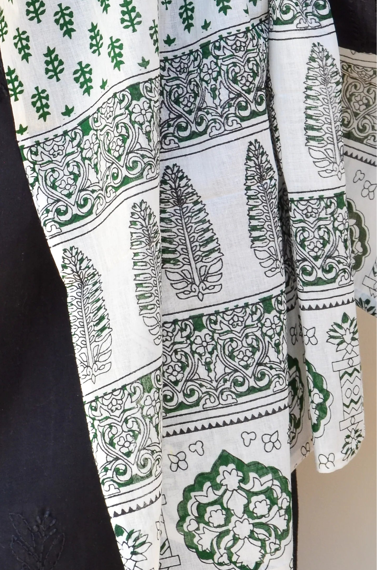 Sanganeri hand block printed dupatta in green and white with intricate floral designs