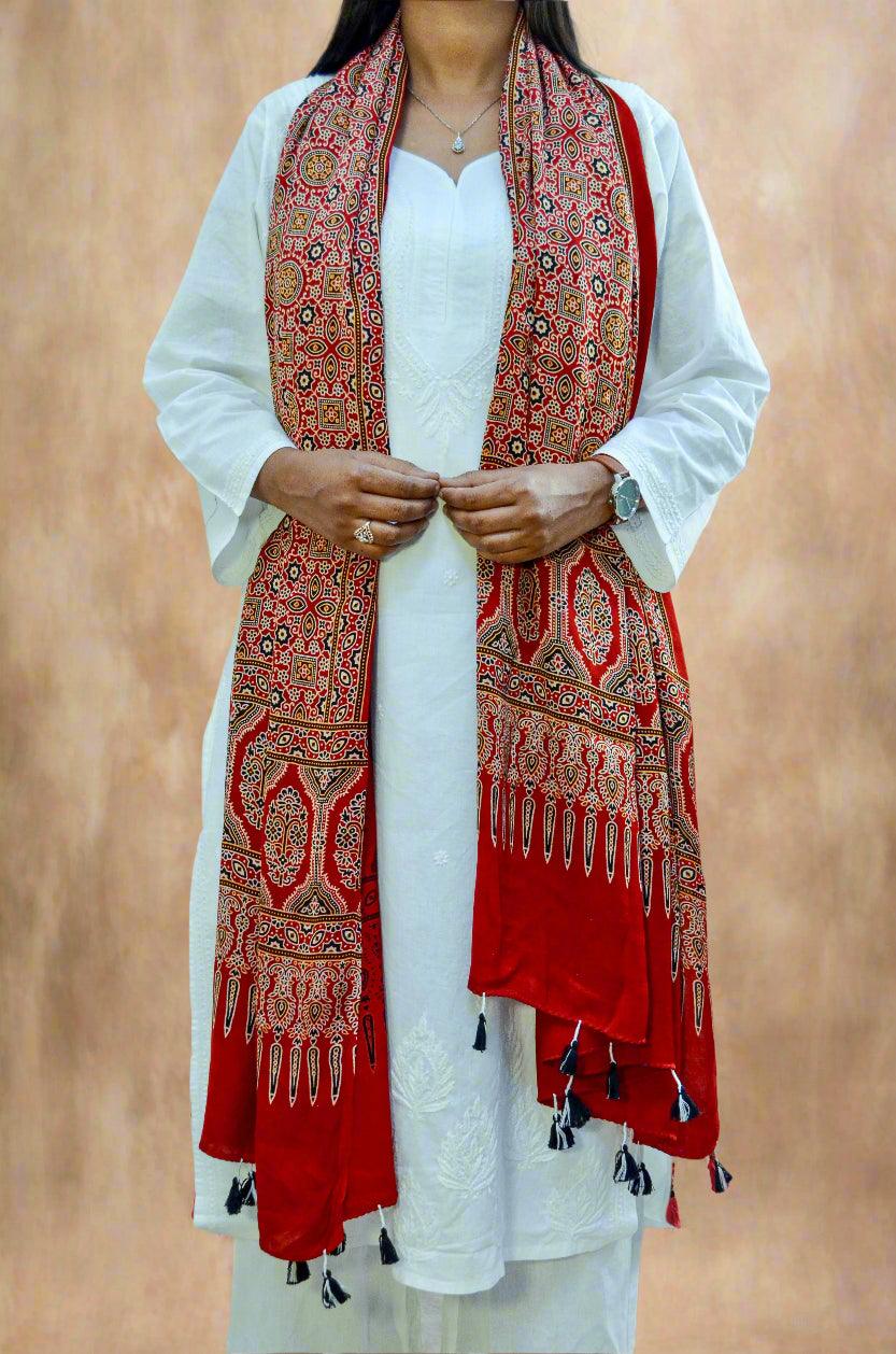 Pinaachi deep red hand block printed dupatta with intricate patterns draped over white outfit