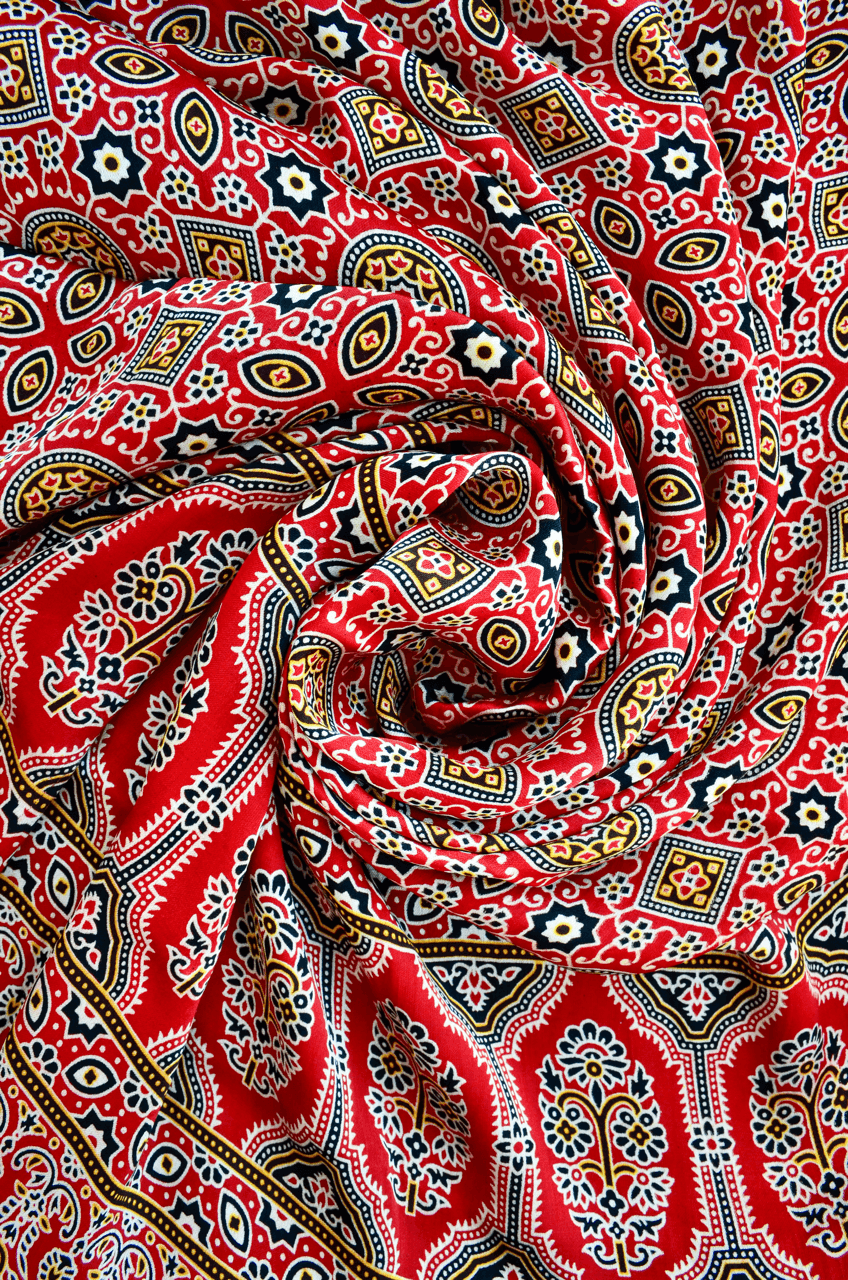 Pinaachi deep red hand block printed dupatta with intricate floral and geometric patterns