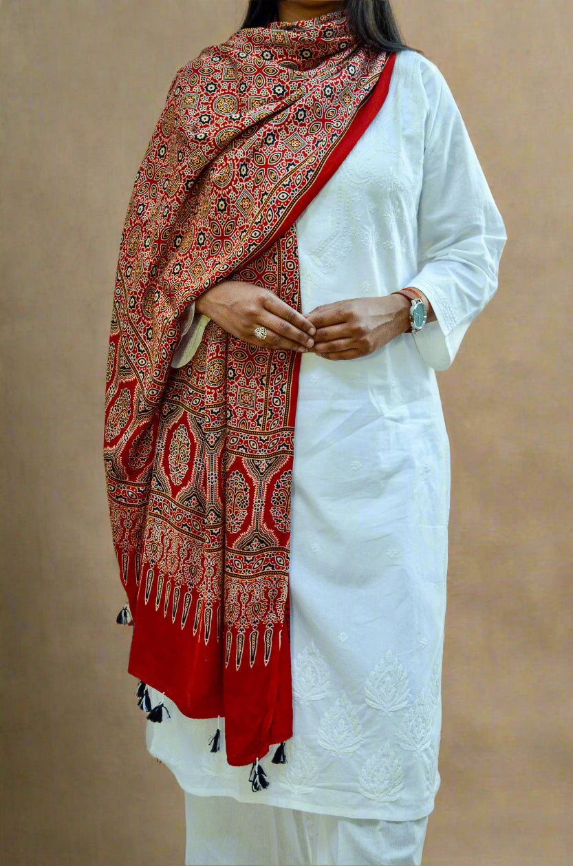 Pinaachi deep red hand block printed dupatta draped over white traditional outfit with intricate patterns