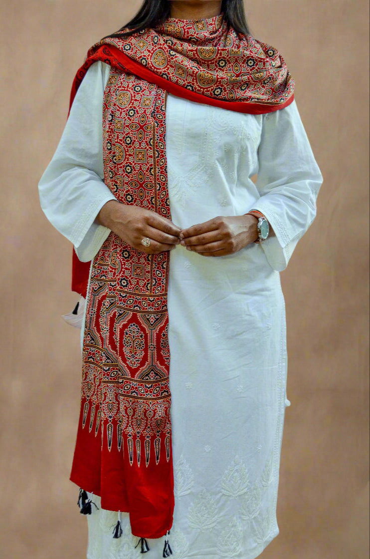 Pinaachi deep red hand block printed dupatta draped over white outfit with intricate traditional patterns