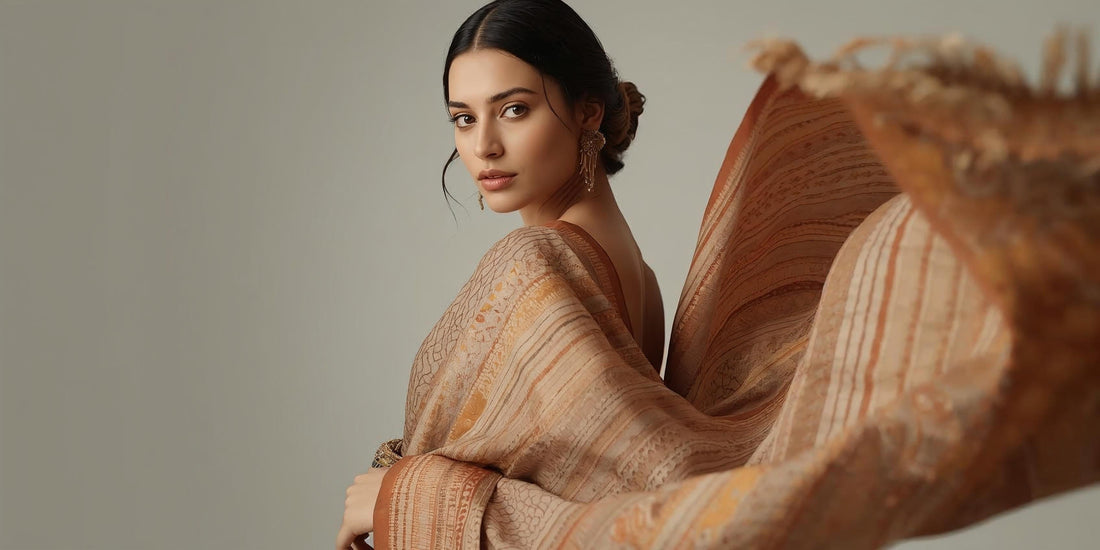 Elegant khadi cotton sarees in warm tones with intricate patterns and draping technique