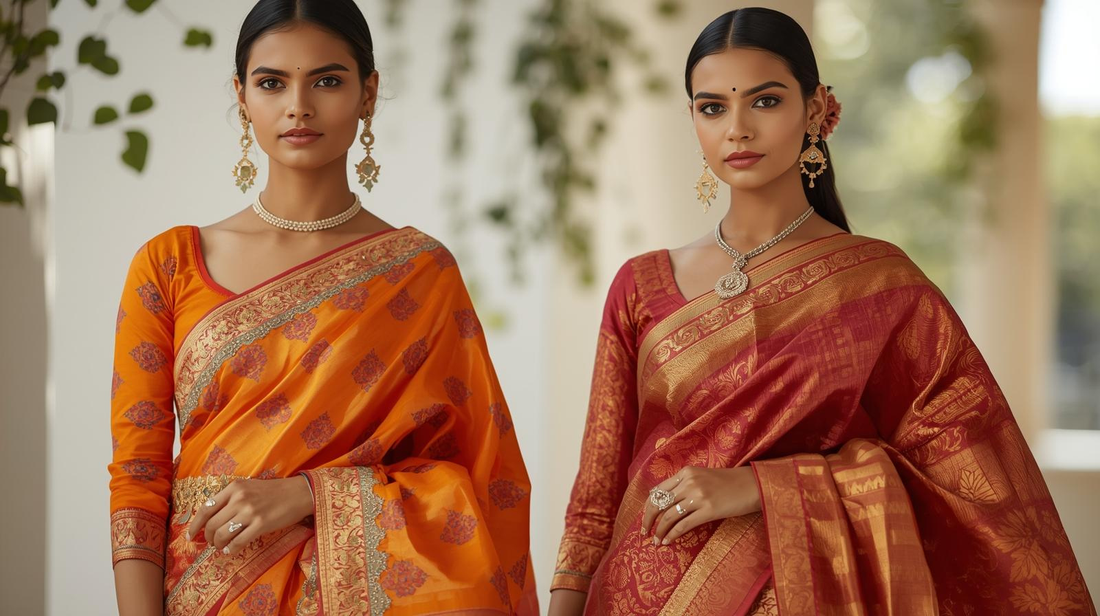 Two models showcasing vibrant orange and red sarees, highlighting cotton vs silk saree differences in fabric and style.