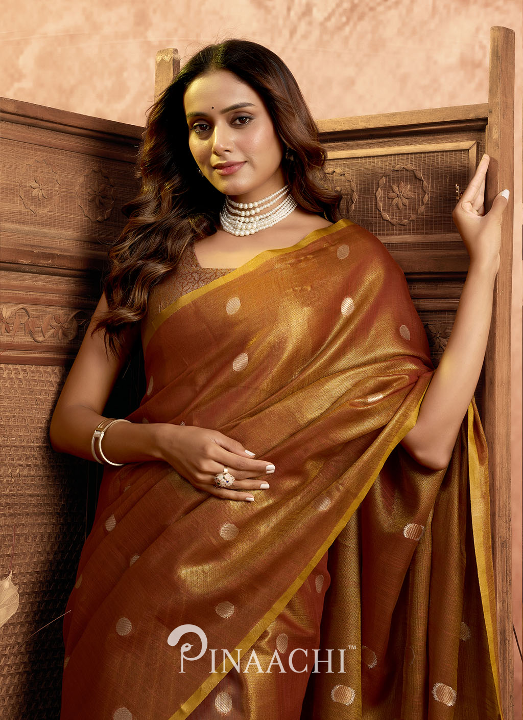 Woman wearing a handpicked Indian sarees brown silk saree with gold polka dots and traditional jewelry