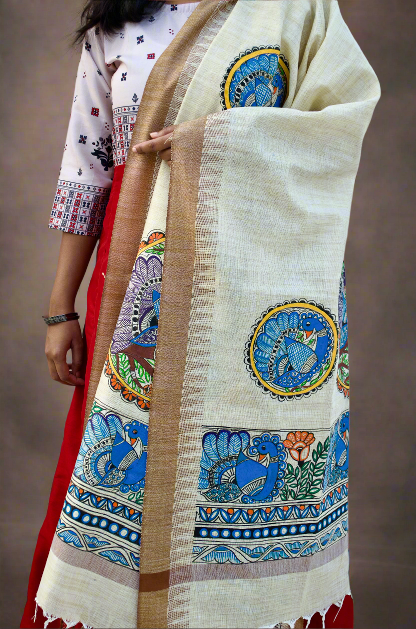 Madhubani Hand-Painted Dupatta - Handwoven Bhagalpuri Cotton Silk - Multicolor