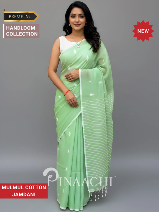 Pinaachi Komal Handloom Light Green Mulmul Jamdani Saree