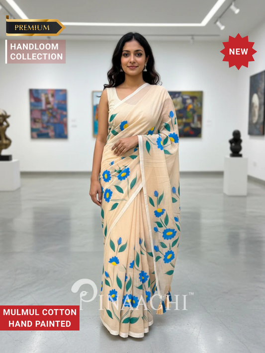 Pinaachi Handloom Handpainted Soft Apricot Mulmul Saree