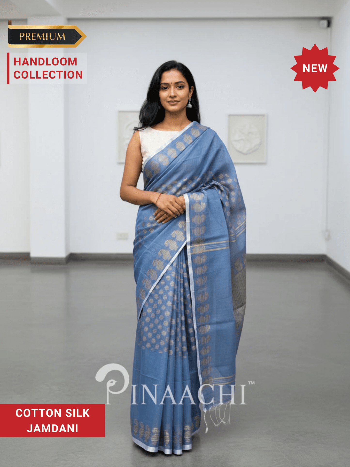 Pinaachi Handloom Blue Cotton Silk Jamdani Saree