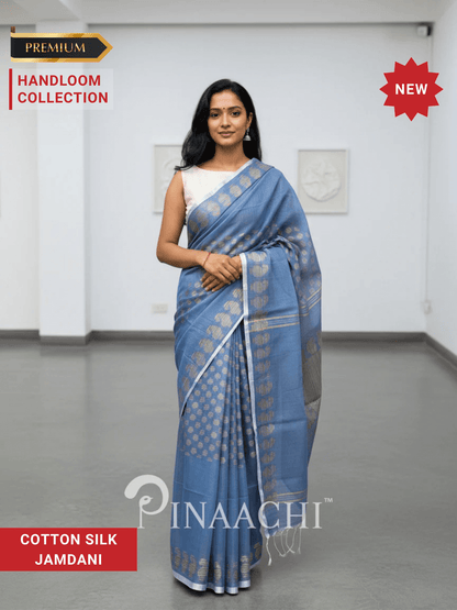 Pinaachi Handloom Blue Cotton Silk Jamdani Saree