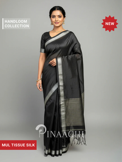 Pinaachi Handloom Black Mul Tissue Saree