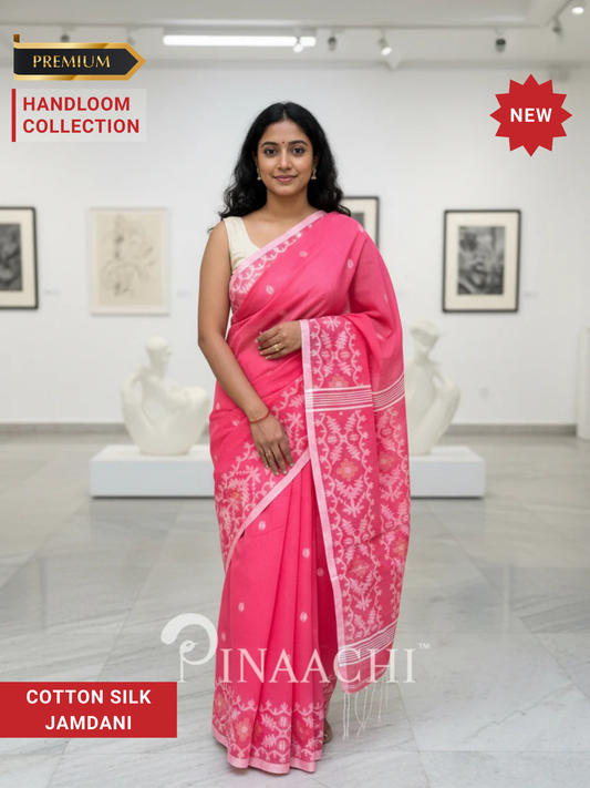 Pinaachi Handloom Pink Cotton Silk Jamdani Saree