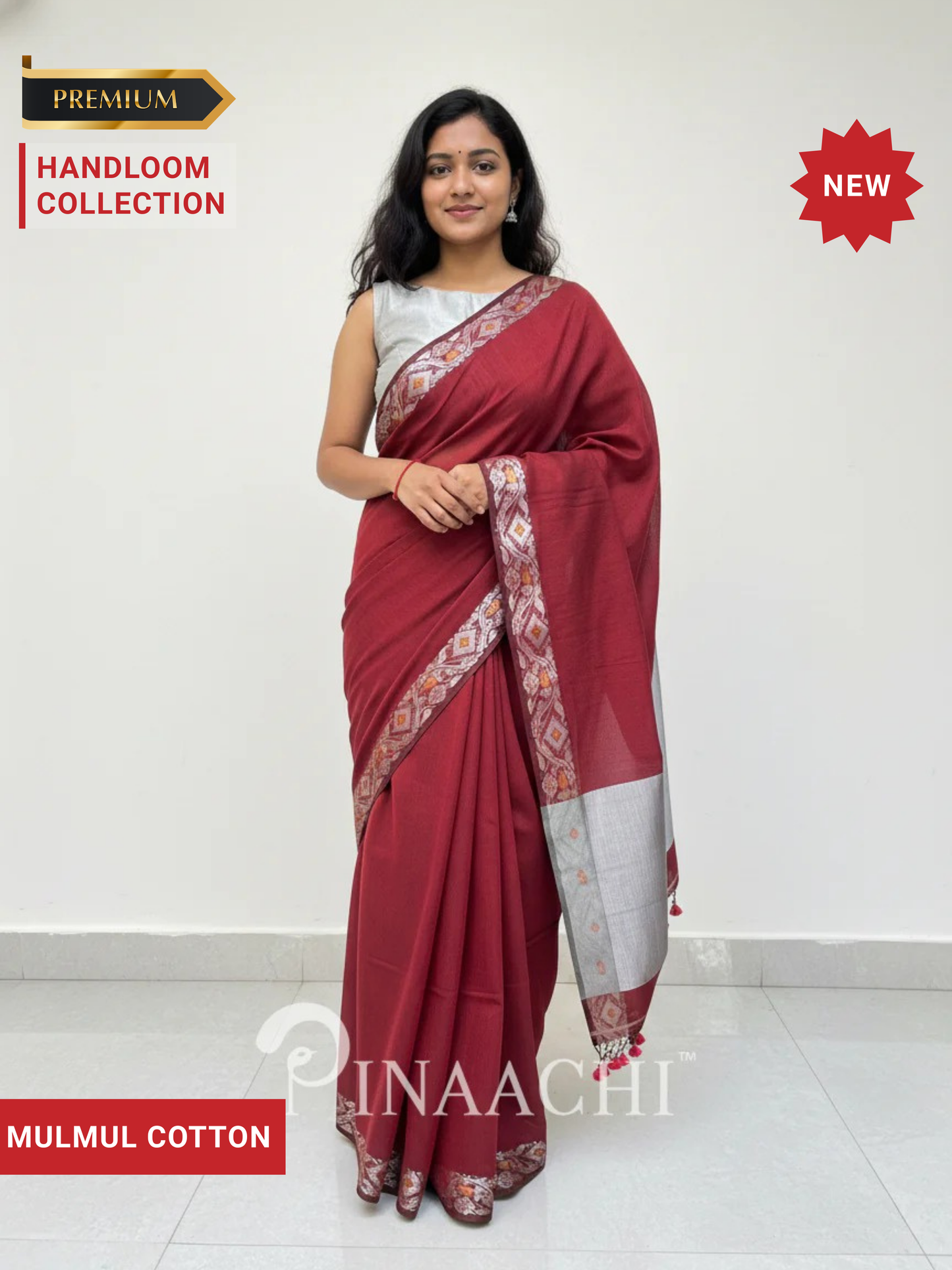 Pinaachi Handloom Deep Red with Zari Mulmul Saree