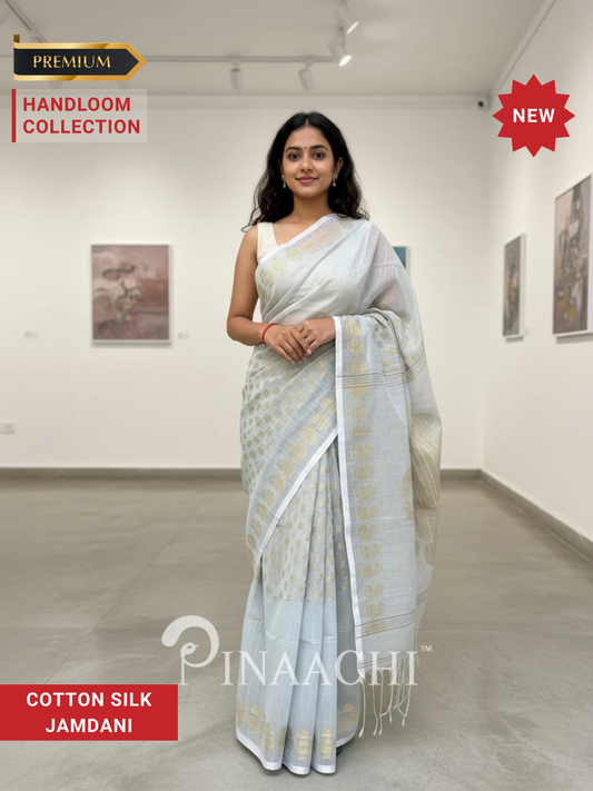 Pinaachi Handloom Light Gray Cotton Silk Jamdani Saree