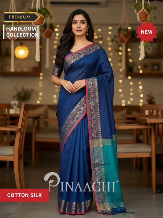 Pinaachi Handloom Navy Blue Cotton Silk Saree