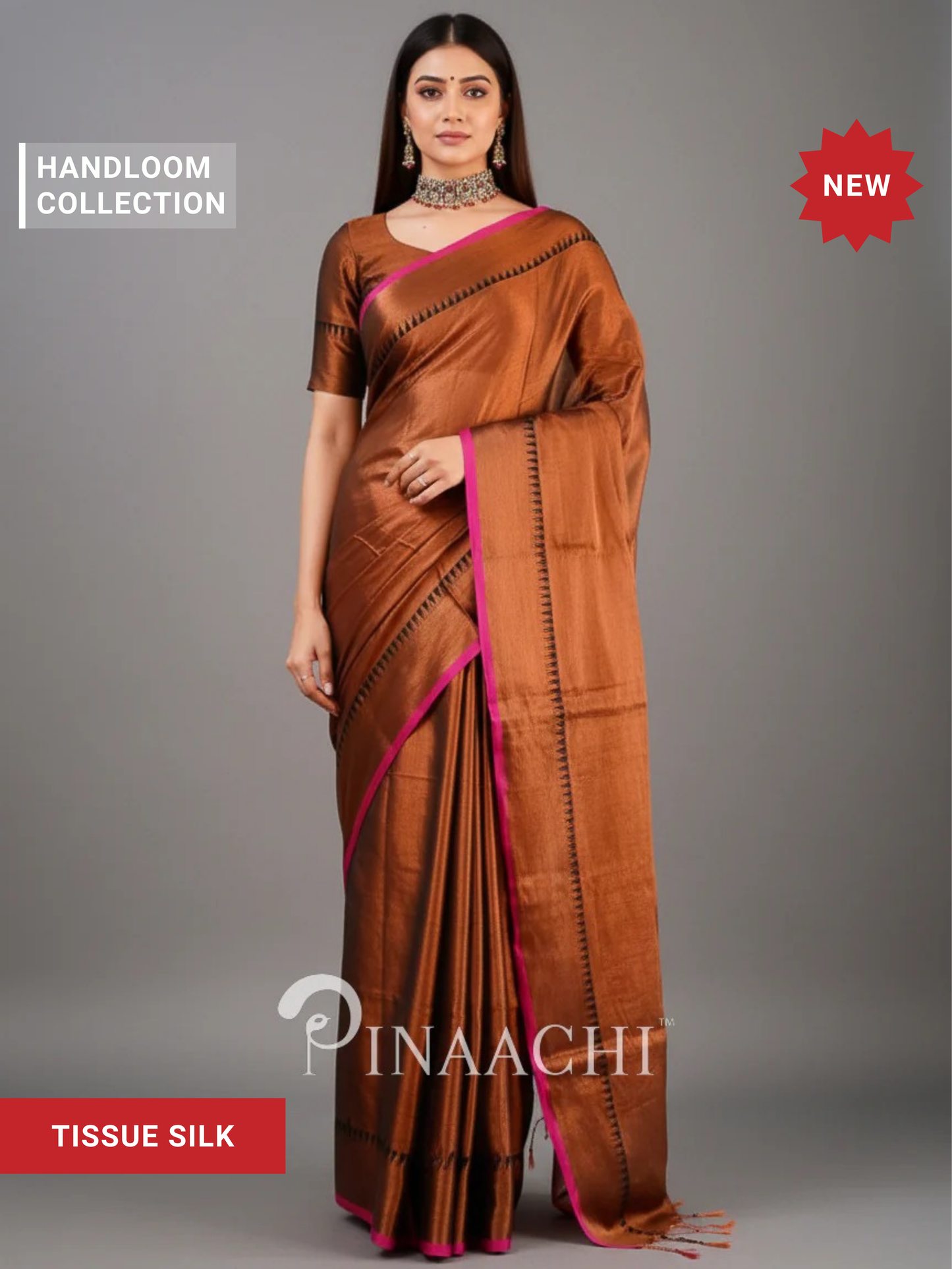 Pinaachi Handloom Copper Tissue Silk Saree