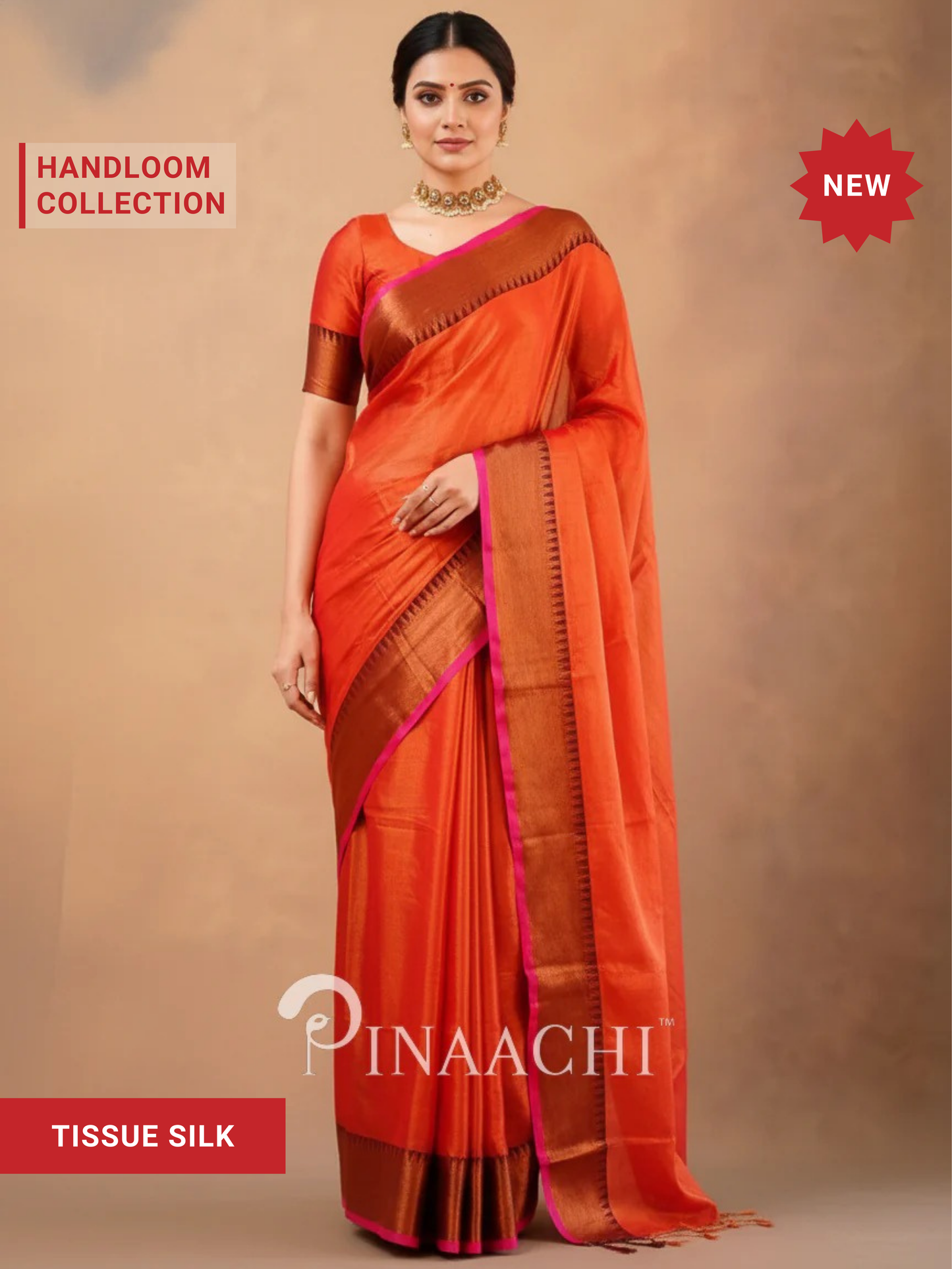 Pinaachi Handloom Orange Red Tissue Silk Saree