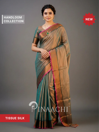 Pinaachi Handloom Aqua Copper Tissue Silk Saree
