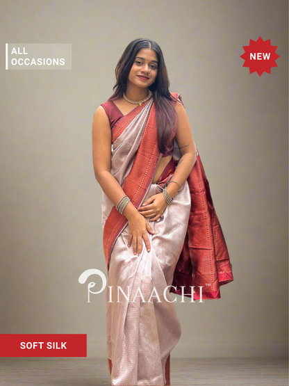 Pinaachi Beige & Maroon Self Design Licchi Silk Saree