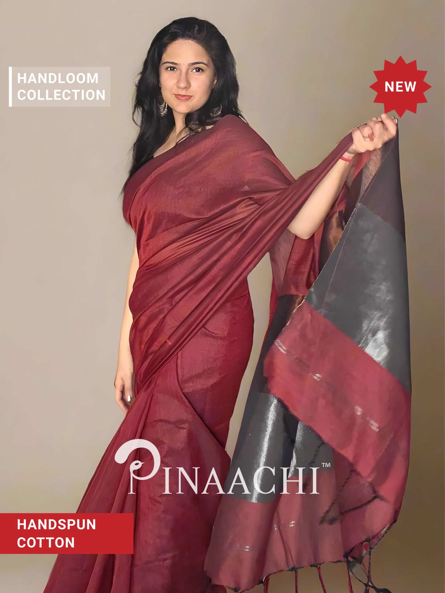Pinaachi Svarna Handloom Brick Red Cotton Saree with Zari