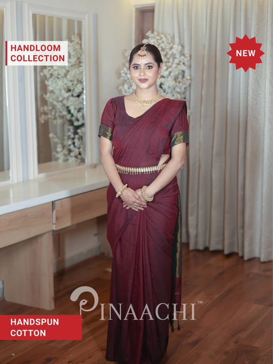 Pinaachi Svarna Handspun Plum Wine Cotton Saree with Zari