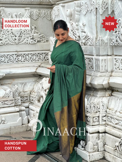 Pinaachi Svarna Handloom Emerald Green Cotton Saree with Zari