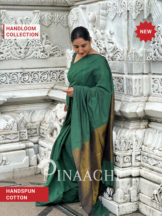 Pinaachi Svarna Handloom Emerald Green Cotton Saree with Zari