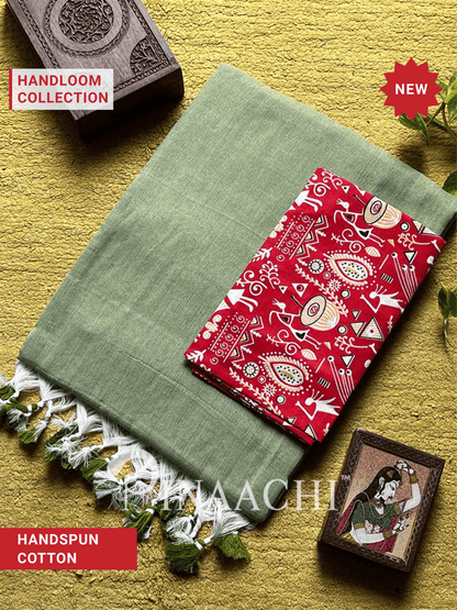 Pinaachi Handloom Solid Mint Green Cotton Saree
