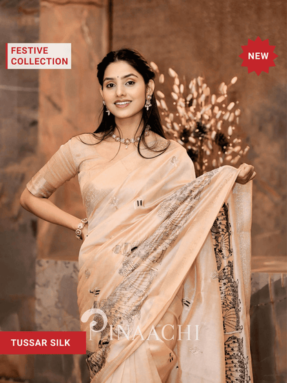 Pinaachi Off-White Tussar Silk Embroidered Saree