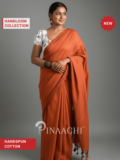 Pinaachi Handloom Solid Rust Orange Cotton Saree