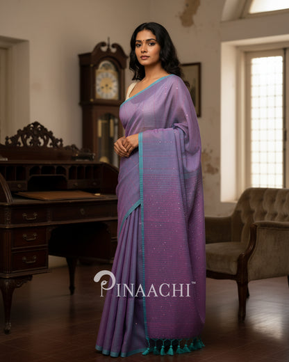 Pinaachi Handloom Purple Green Dual Shade Sequin Mul Cotton Saree