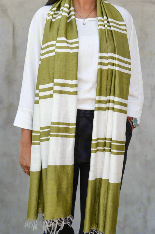 Unisex Olive Green Offbeat Striped Handwoven Cotton Silk Stole