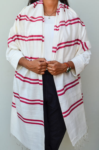 Unisex Deep Maroon Striped Handwoven Cotton Silk Stole