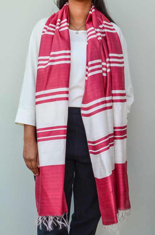 Unisex Deep Maroon Offbeat Striped Handwoven Cotton Silk Stole