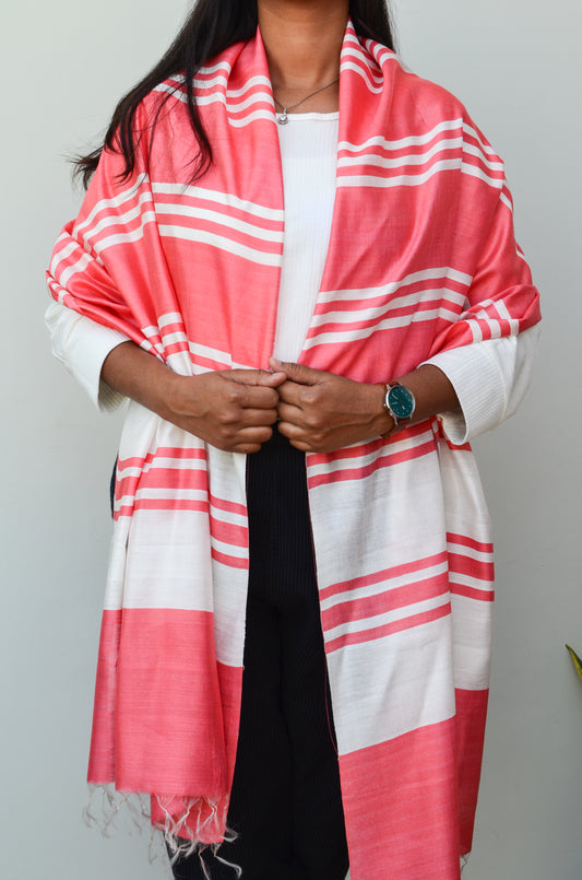 Unisex Coral Pink Offbeat Striped Handwoven Cotton Silk Stole