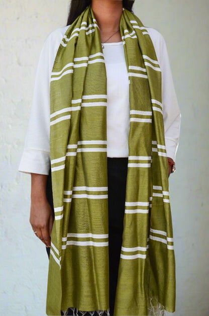 Unisex Olive Green Classic Striped Handwoven Cotton Silk Stole