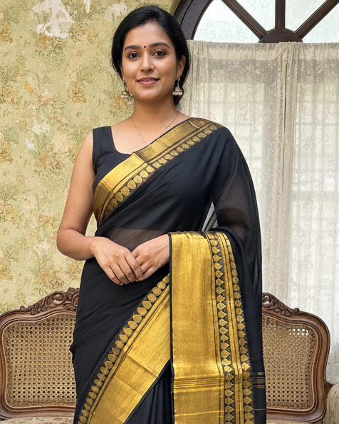 Pinaachi Handloom Black Golden Mul Cotton Saree