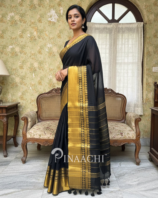 Pinaachi Handloom Black Golden Mul Cotton Saree