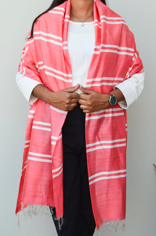Unisex Coral Pink Classic Striped Handwoven Cotton Silk Stole