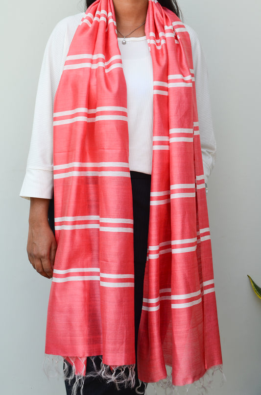 Unisex Coral Pink Classic Striped Handwoven Cotton Silk Stole