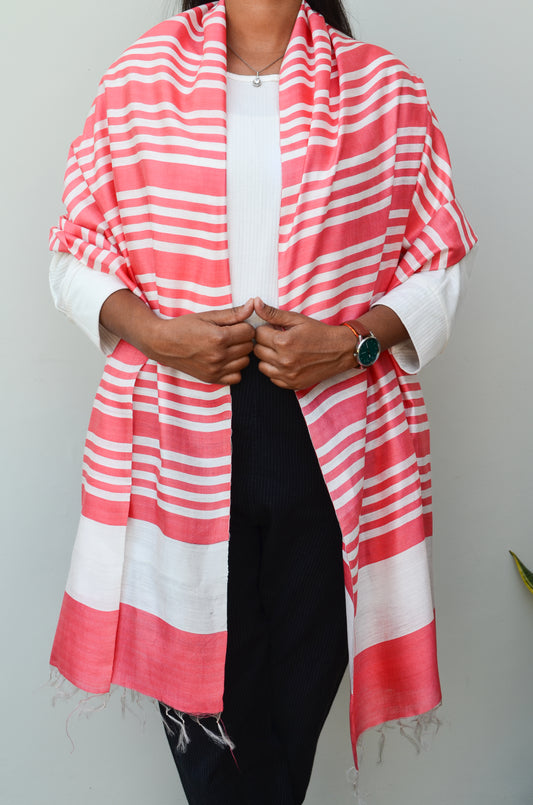 Unisex Coral Pink Fine Striped Handwoven Cotton Silk Stole