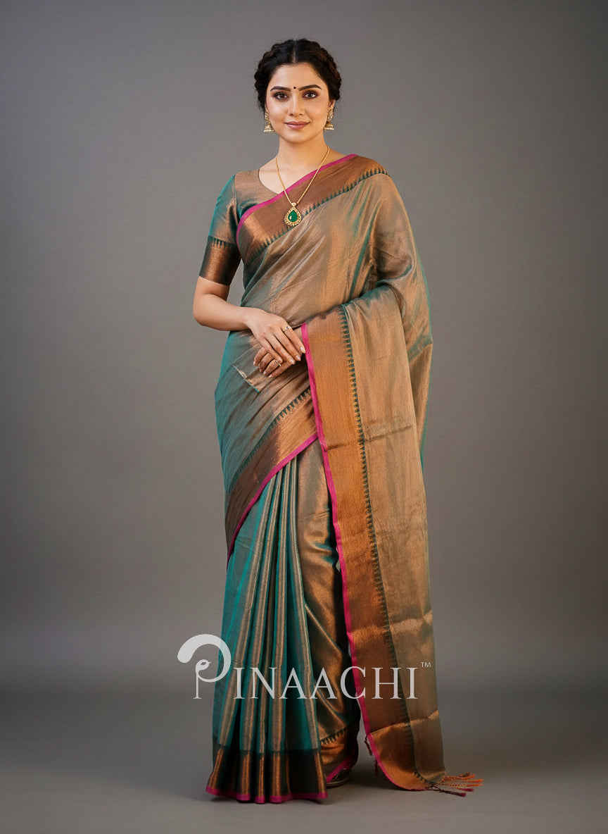 Woman wearing a traditional saree with a gray background, branded 'Pinaachi'.