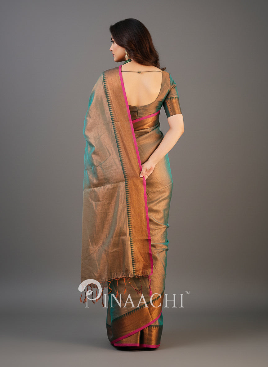 Woman wearing a traditional saree with a plain background, branded 'Pinaachi'.