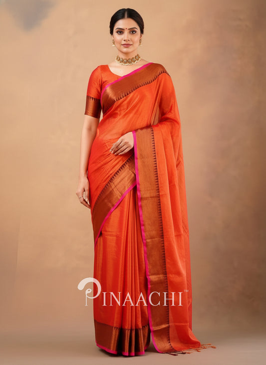 Pinaachi Handloom Orange Red Tissue Silk Saree