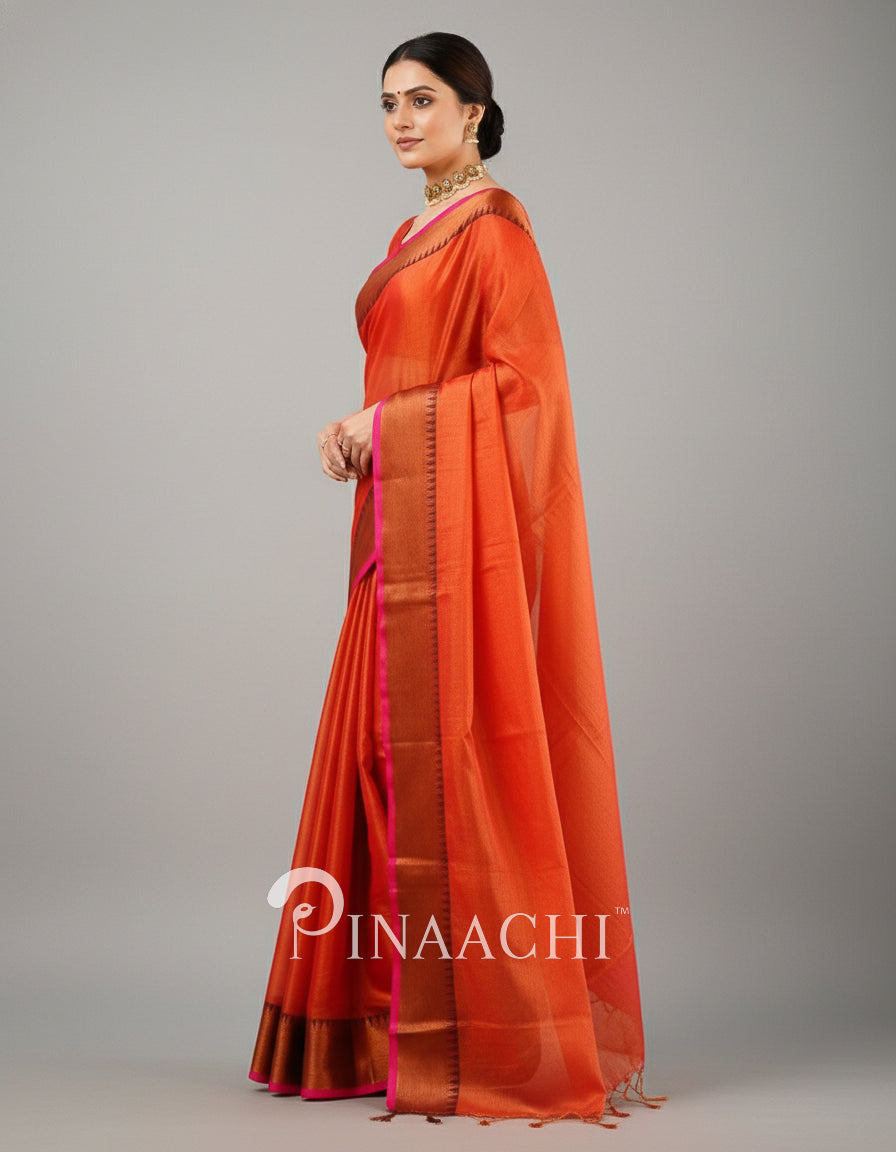 Pinaachi Handloom Orange Red Tissue Silk Saree