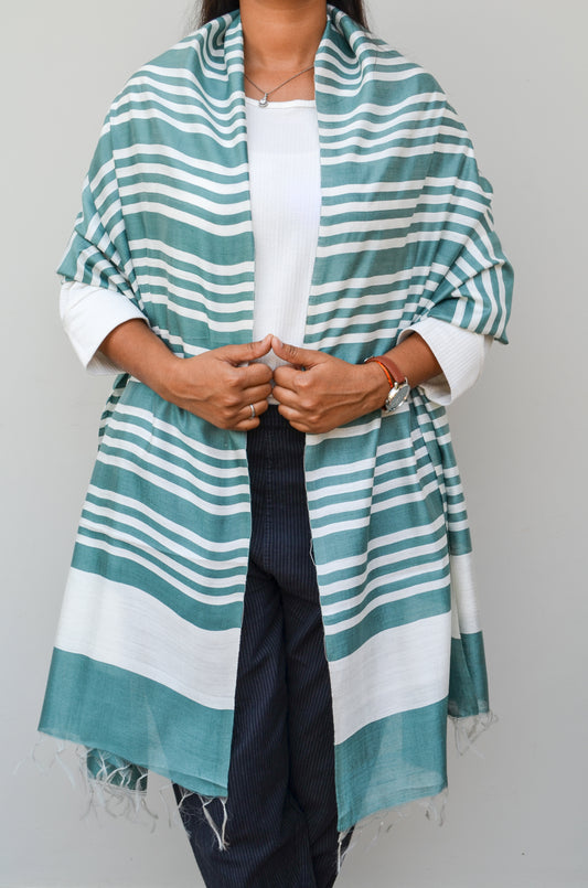 Unisex Mint Green Fine Striped Handwoven Cotton Silk Stole