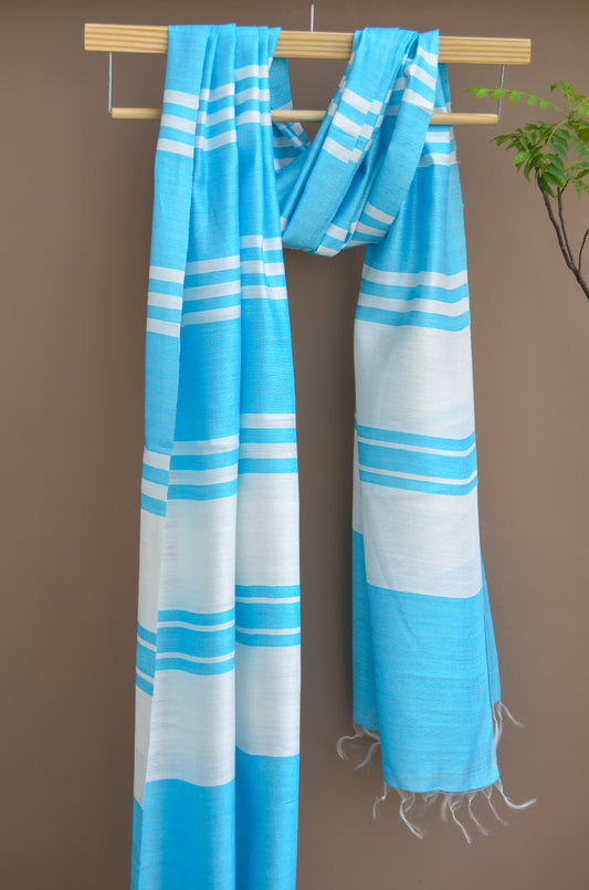Unisex Powder Blue Offbeat Striped Handwoven Cotton Silk Stole